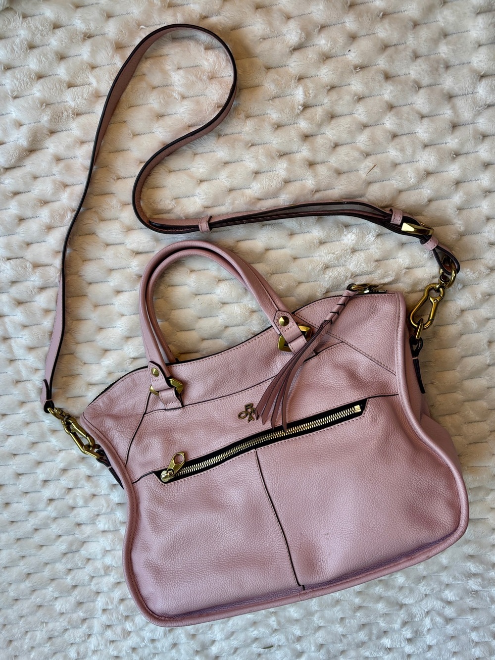 orYANY Blush Pink Pebbled Leather Satchel Braided Detail Gold Hardware